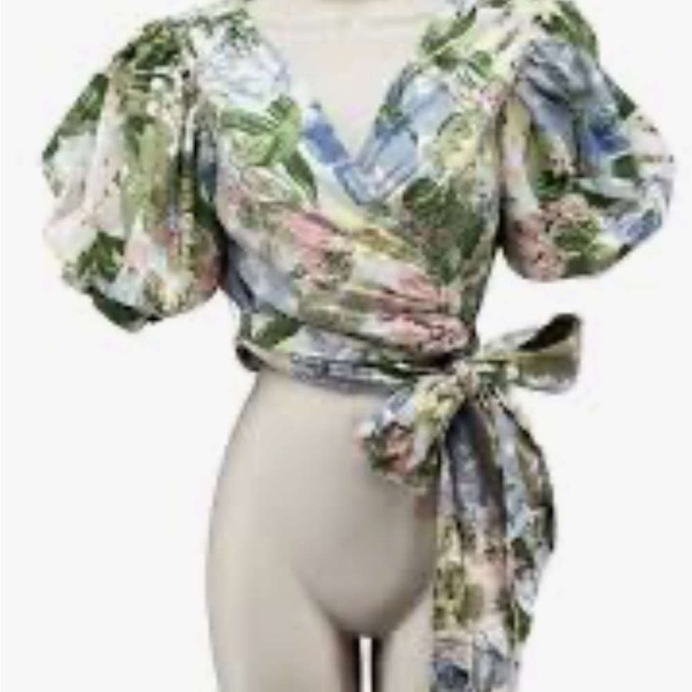 Urban Outfitters Floral Puff-Sleeve Wrap Top in Green, Blue & Pink